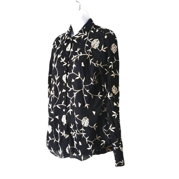 Cino Button Up Shirt Women Medium Black Long Sleeve Embroider Floral Cottagecore - Picture 2 of 6